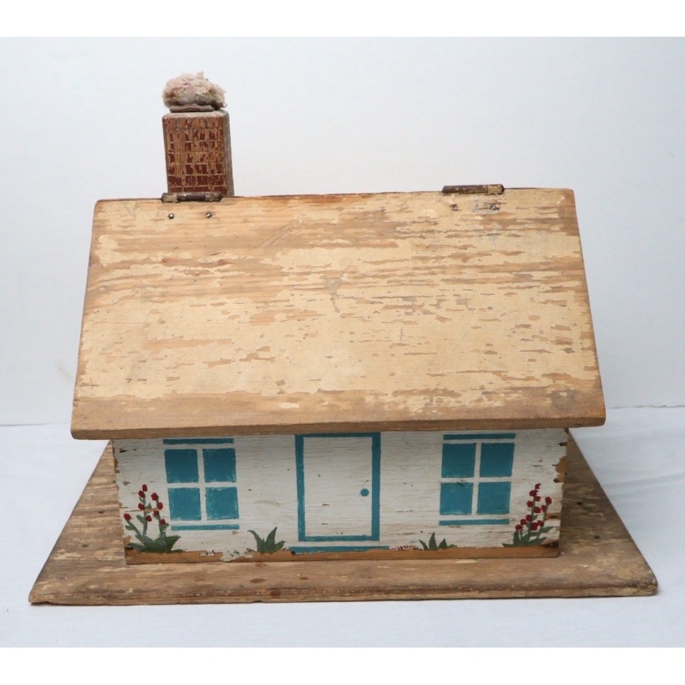 Antique Wooden Folk Art House Shaped Sewing Box Handmade Primitive Americana